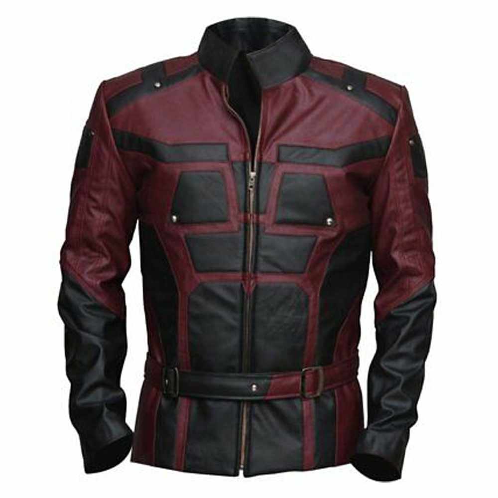 Men Charlie Cox Daredevil Costume Leather Jacket Maroon Black Contrast|5Star Jackets