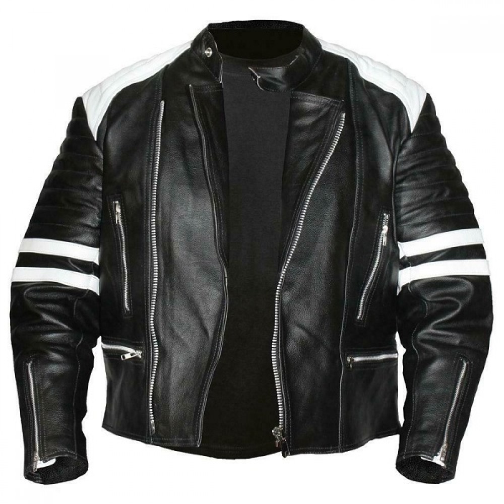 Men Black And White Genuine Leather Jacket