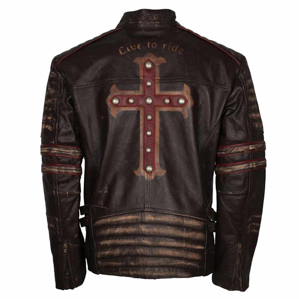 Mens Brown Vintage Biker Retro Motorcycle Cross Sign Leather Jacket