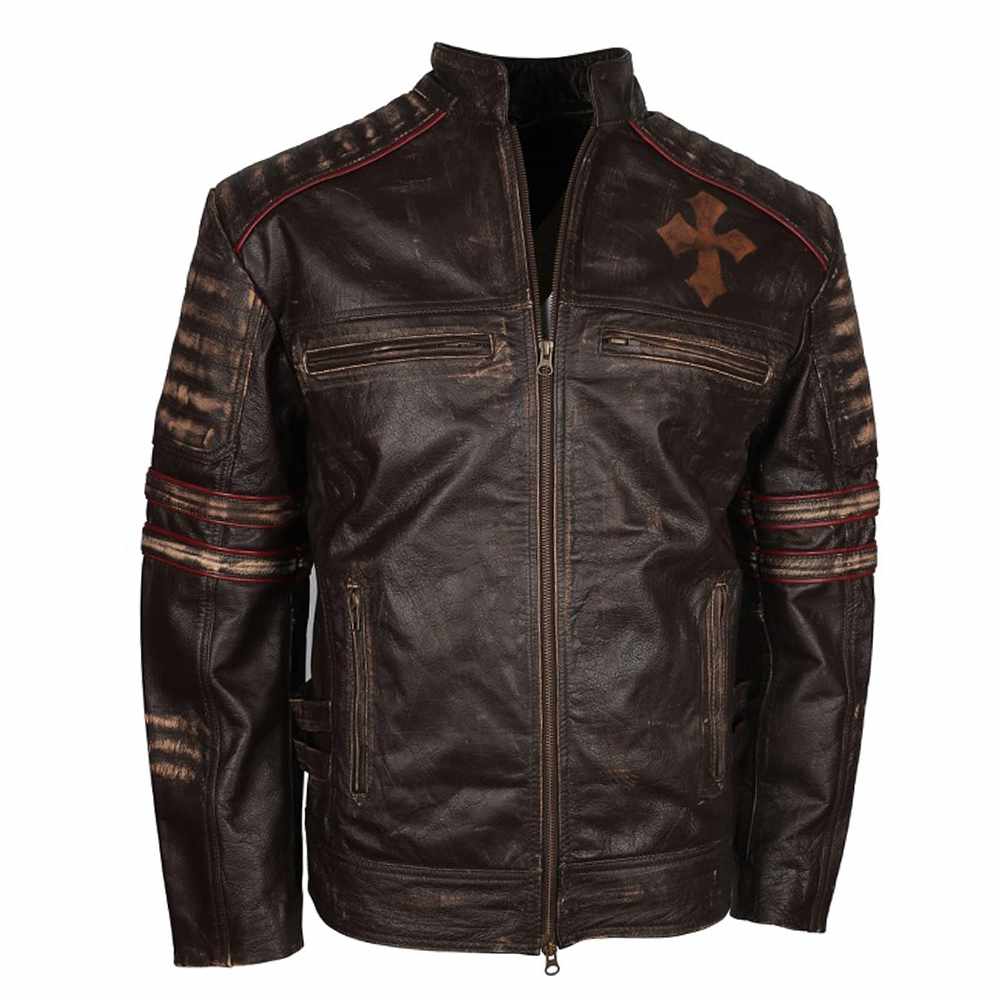 Mens Brown Vintage Biker Retro Motorcycle Cross Sign Leather Jacket
