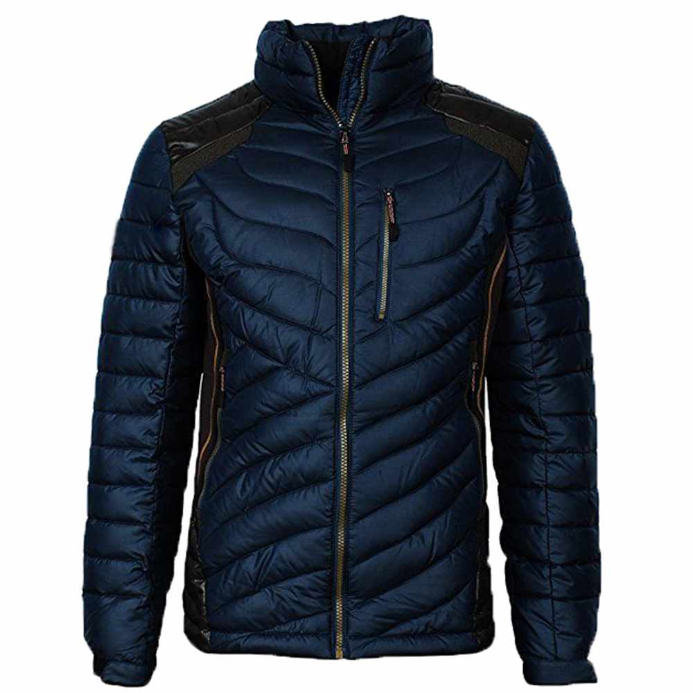 Men's Leather Jacket Blue Puffer Lining Chest Pocket Black Straps Jacket|5Star Jackets