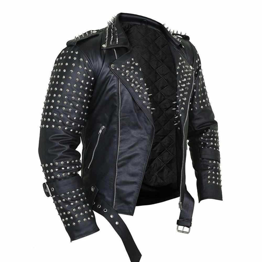 Mens Real Black Leather Spike Jacket Studded Punk Style Cropped Jacket|5Star Jackets