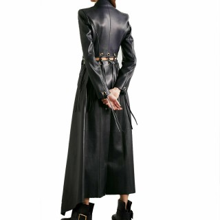 Women Black Leather Dress Leather Coat Fringed Eyelet Embellished Leather  Coat|5Star Jacket