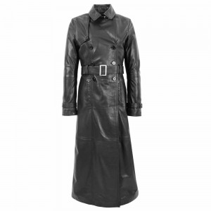 Womens Full Length Long Black Leather Coat Full Length Trench Overcoat
