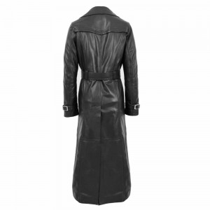 Womens Full Length Long Black Leather Coat Full Length Trench Overcoat