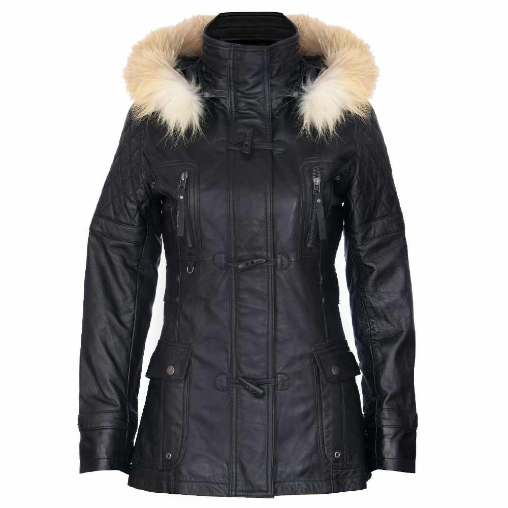 Womens Black Leather Parka Jacket Quilted Detachable Hooded Trench Jacket Coat|5Star Jacket