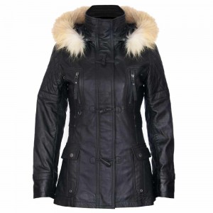Women's Black Leather Parka Jacket Quilted Detachable Hooded Trench Jacket Coat