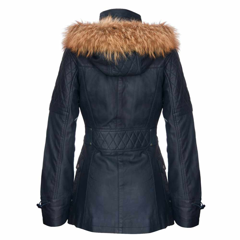 Womens Black Leather Parka Jacket Quilted Detachable Hooded Trench Jacket Coat|5Star Jacket