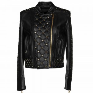  Women Black Genuine Real Leather Jacket Golden Studs 
