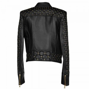  Women Black Genuine Real Leather Jacket Golden Studs 