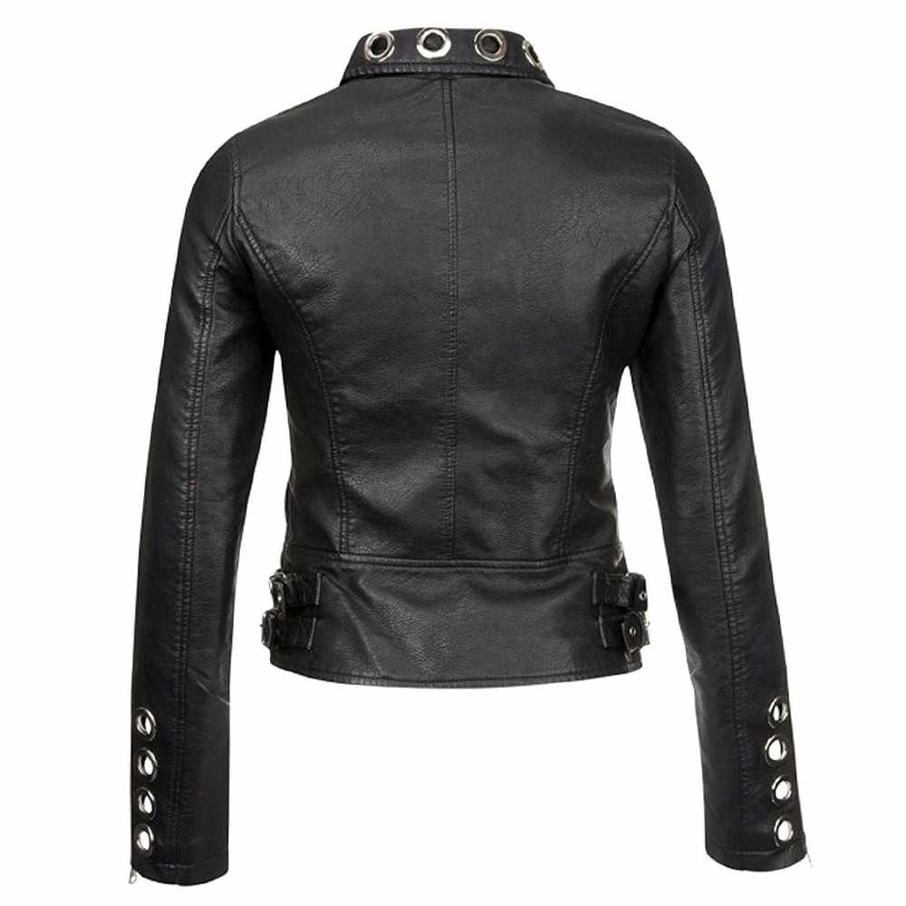 Women Black Faux Leather short Jacket Lady Slim Pu Leather Metal Hole Ring Jacket|5Star Jackets