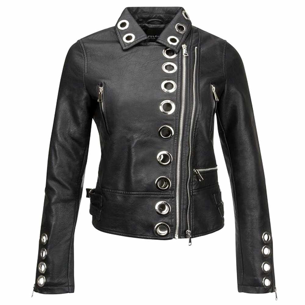 Women Black Faux Leather short Jacket Lady Slim Pu Leather Metal Hole Ring Jacket|5Star Jackets